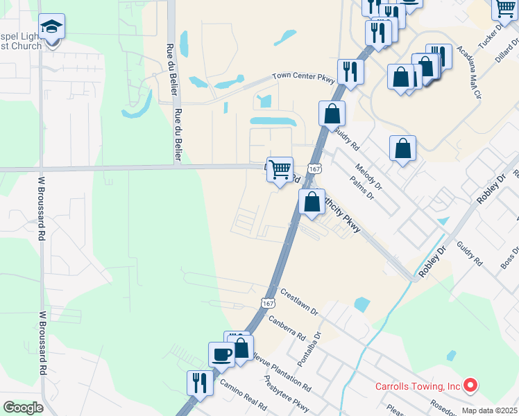 map of restaurants, bars, coffee shops, grocery stores, and more near 6136 Johnston Street in Lafayette