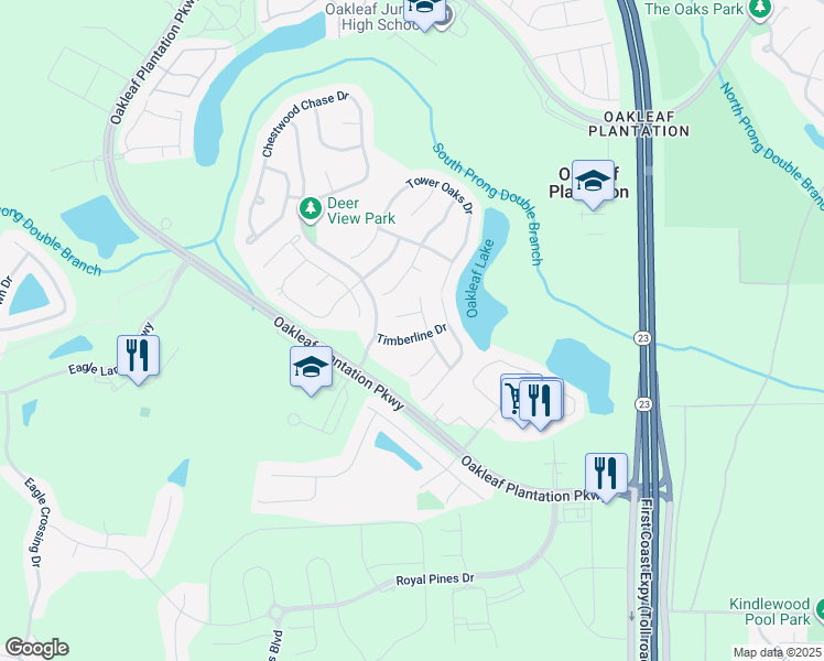 map of restaurants, bars, coffee shops, grocery stores, and more near 3750 Timberline Drive in Orange Park