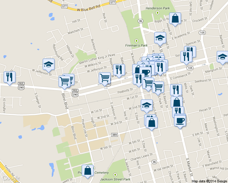 map of restaurants, bars, coffee shops, grocery stores, and more near 506 Peabody St in Brenham