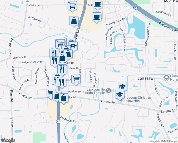 map of restaurants, bars, coffee shops, grocery stores, and more near 11518 Silk Oak Lane in Jacksonville