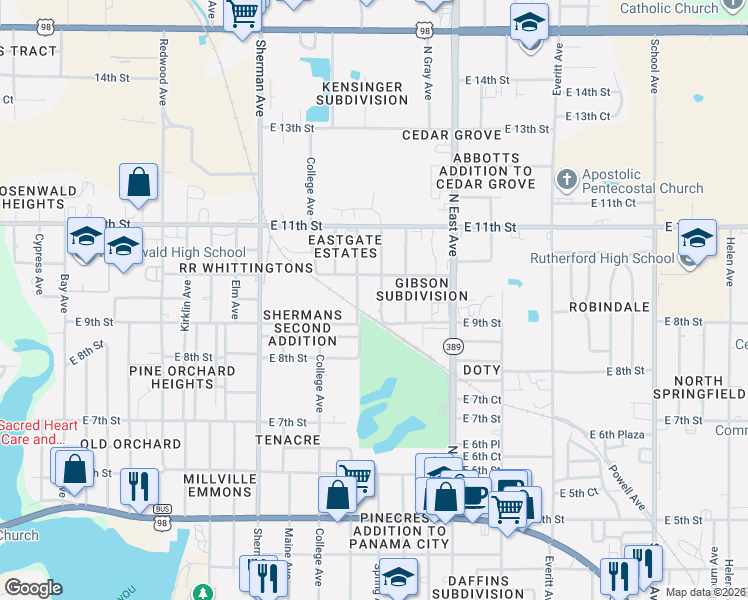 map of restaurants, bars, coffee shops, grocery stores, and more near 920 North Center Avenue in Panama City