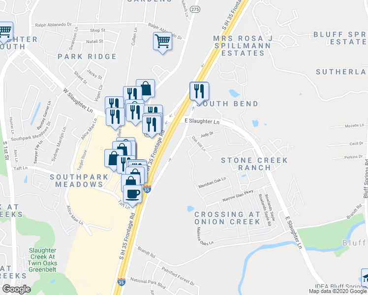map of restaurants, bars, coffee shops, grocery stores, and more near 1827 1/2 Oak Hill Lane in Austin