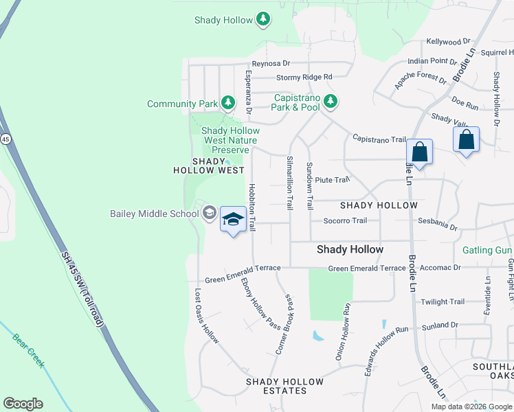 map of restaurants, bars, coffee shops, grocery stores, and more near 11710 Hobbiton Trail in Austin