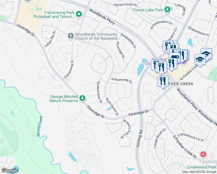 map of restaurants, bars, coffee shops, grocery stores, and more near 103 Breezy Point Place in Spring
