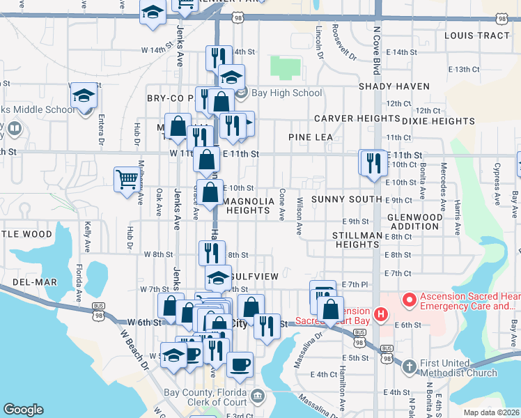 map of restaurants, bars, coffee shops, grocery stores, and more near 912 Mc Kenzie Avenue in Panama City
