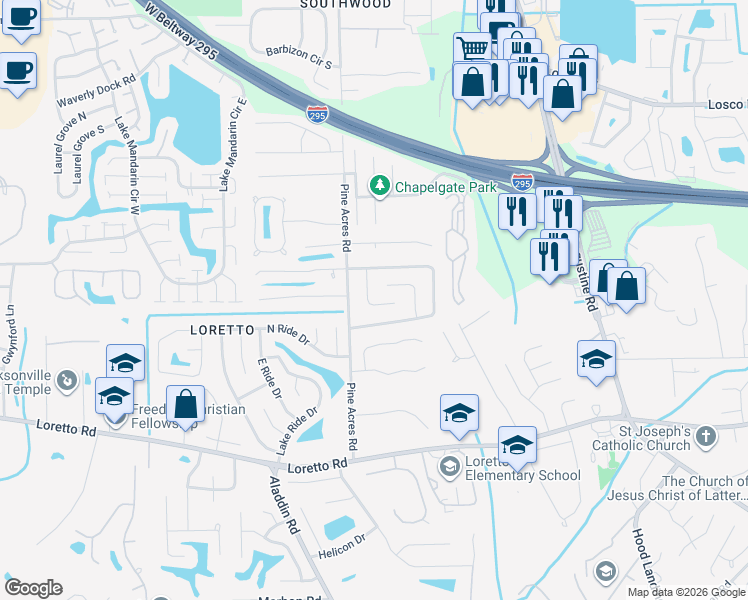 map of restaurants, bars, coffee shops, grocery stores, and more near 11551 Cypress Bend Court in Jacksonville
