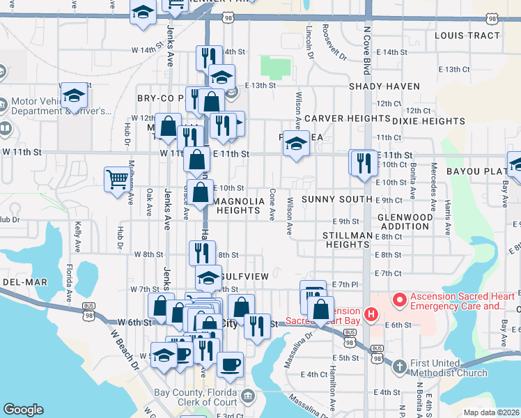 map of restaurants, bars, coffee shops, grocery stores, and more near 912 Mc Kenzie Avenue in Panama City