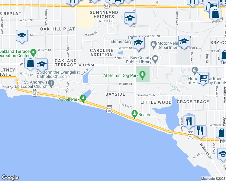 map of restaurants, bars, coffee shops, grocery stores, and more near 1112 West 9th Street in Panama City