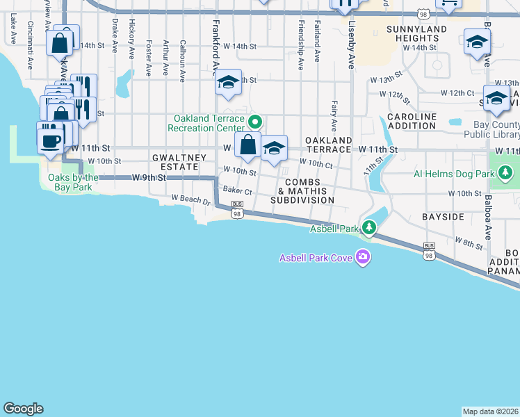 map of restaurants, bars, coffee shops, grocery stores, and more near 1810 West Beach Drive in Panama City