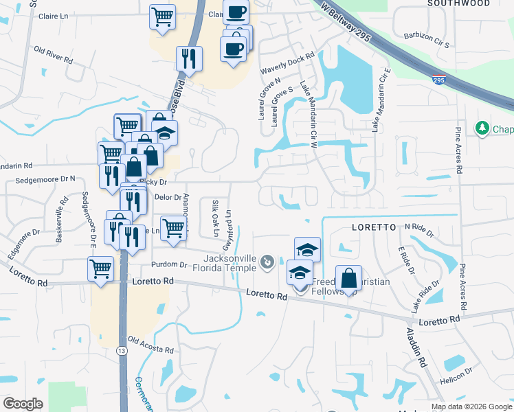 map of restaurants, bars, coffee shops, grocery stores, and more near Unnamed Road in Jacksonville