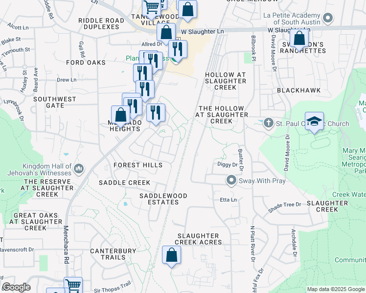 map of restaurants, bars, coffee shops, grocery stores, and more near 10204 Slaughter Creek Drive in Austin