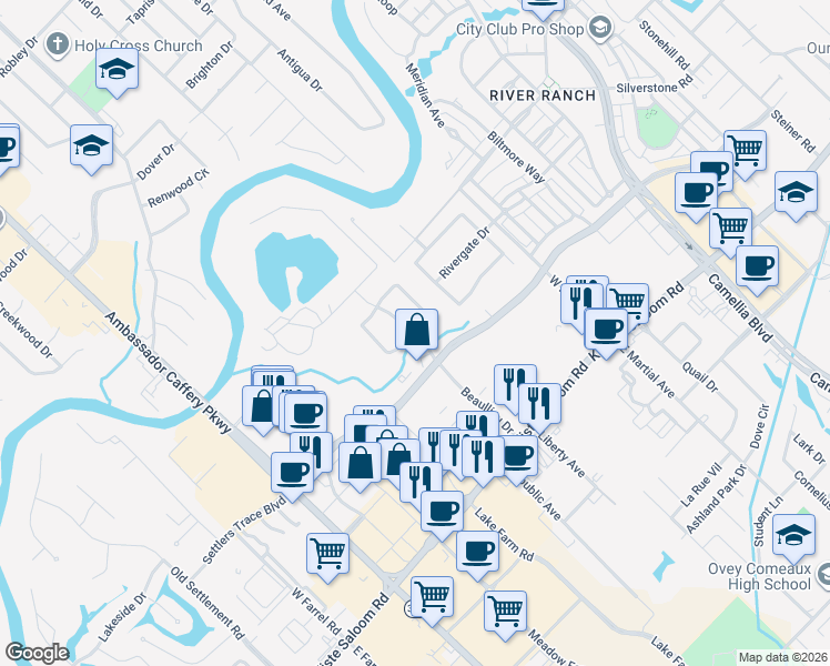 map of restaurants, bars, coffee shops, grocery stores, and more near 399 Beaullieu Drive in Lafayette