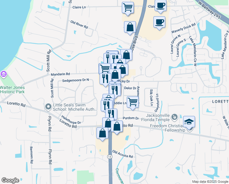 map of restaurants, bars, coffee shops, grocery stores, and more near 11514 Joance Lane in Jacksonville