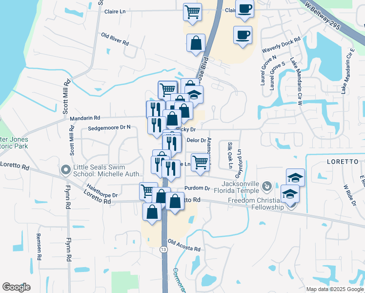 map of restaurants, bars, coffee shops, grocery stores, and more near 11514 Joance Lane in Jacksonville