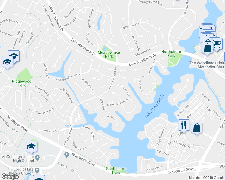 map of restaurants, bars, coffee shops, grocery stores, and more near 3 South Windsail Place in Spring