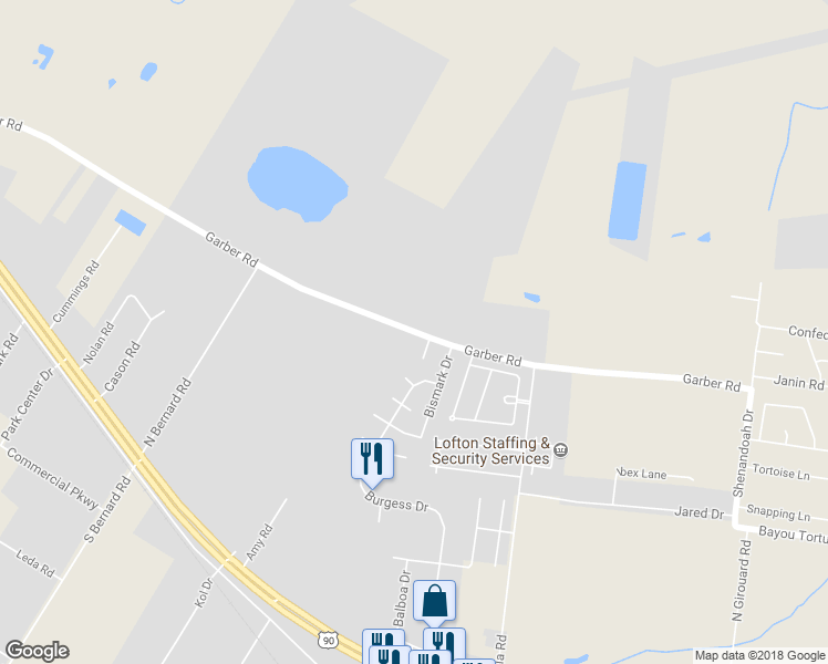 map of restaurants, bars, coffee shops, grocery stores, and more near 1106 Garber Road in Broussard