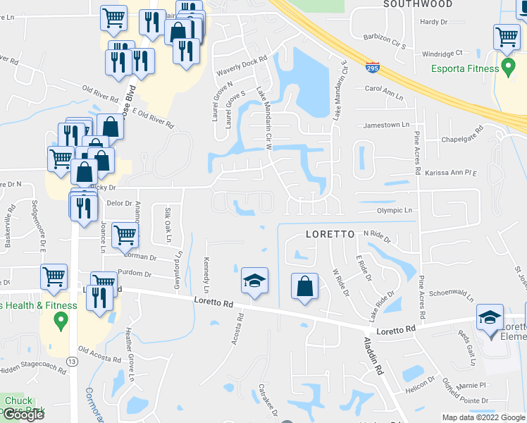 map of restaurants, bars, coffee shops, grocery stores, and more near 3359 Mandarin Glen Circle South in Jacksonville