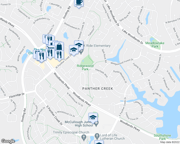 map of restaurants, bars, coffee shops, grocery stores, and more near 11 North Havenridge Drive in Spring