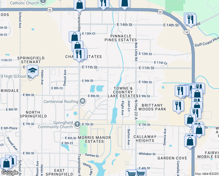 map of restaurants, bars, coffee shops, grocery stores, and more near 802 Russ Lake Drive in Panama City