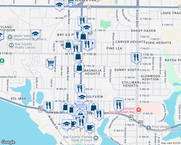 map of restaurants, bars, coffee shops, grocery stores, and more near 901-935 Magnolia Avenue in Panama City