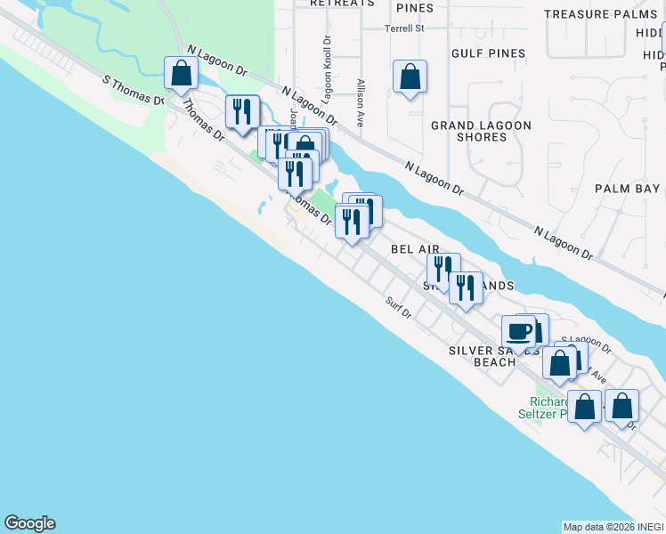 map of restaurants, bars, coffee shops, grocery stores, and more near 8511 Surf Drive in Panama City Beach