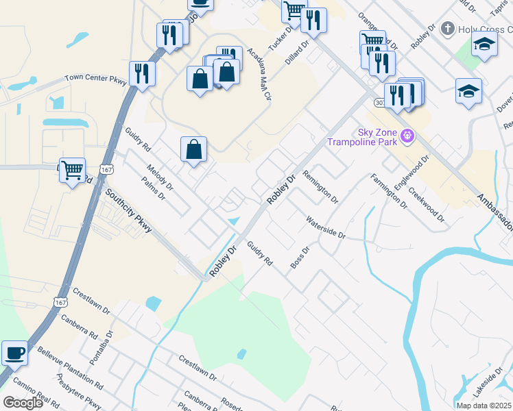 map of restaurants, bars, coffee shops, grocery stores, and more near 1200 Robley Drive in Lafayette