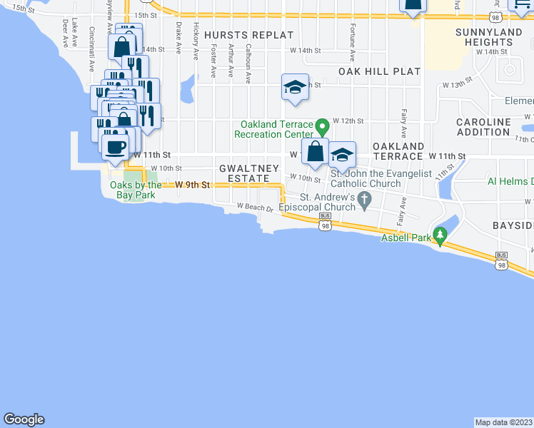 map of restaurants, bars, coffee shops, grocery stores, and more near 2205 West Beach Drive in Panama City