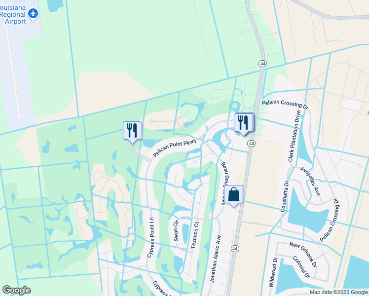 map of restaurants, bars, coffee shops, grocery stores, and more near 40230 Pelican Point Pkwy in Gonzales