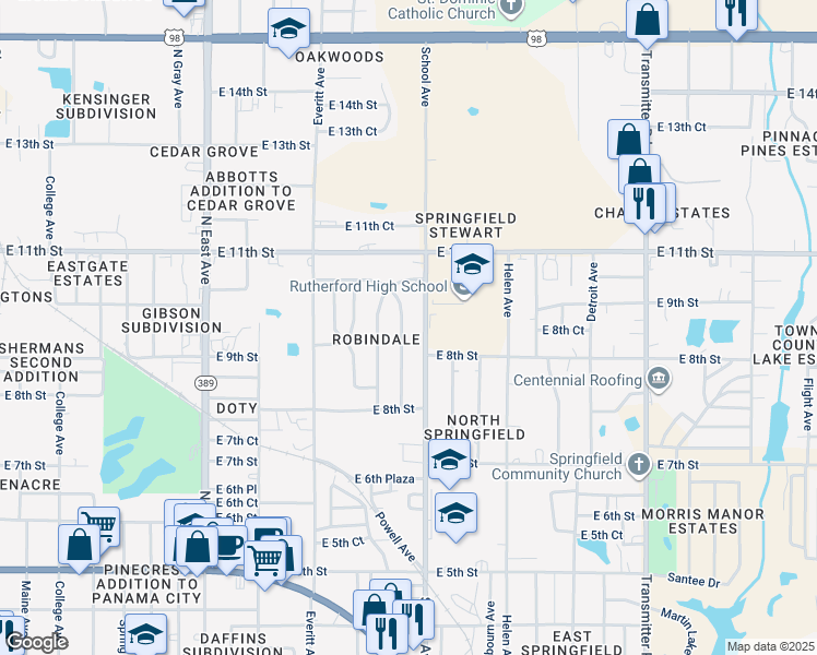 map of restaurants, bars, coffee shops, grocery stores, and more near 910 Huntington Drive in Panama City