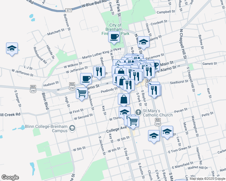 map of restaurants, bars, coffee shops, grocery stores, and more near 307 Peabody Street in Brenham