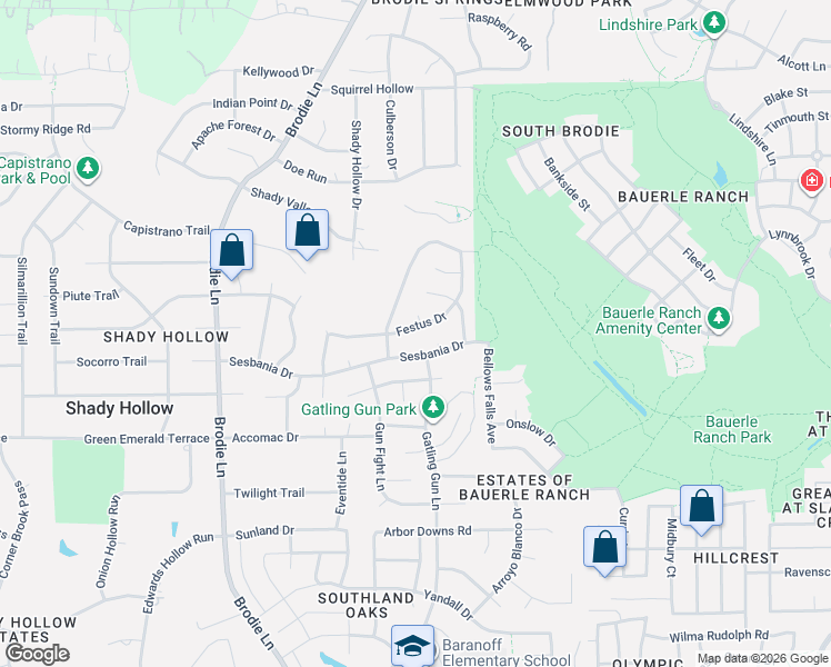 map of restaurants, bars, coffee shops, grocery stores, and more near 3109 Festus Drive in Austin