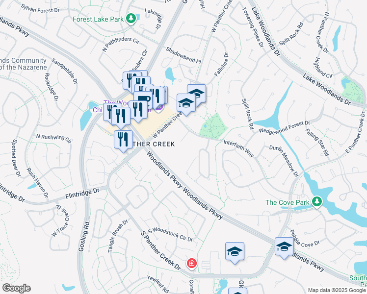 map of restaurants, bars, coffee shops, grocery stores, and more near 333 Holly Creek Court in The Woodlands