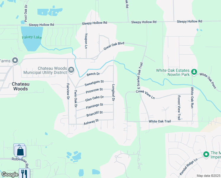 map of restaurants, bars, coffee shops, grocery stores, and more near 1324 Primrose St in Conroe