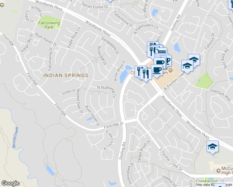 map of restaurants, bars, coffee shops, grocery stores, and more near 89 North Rushwing Circle in Spring
