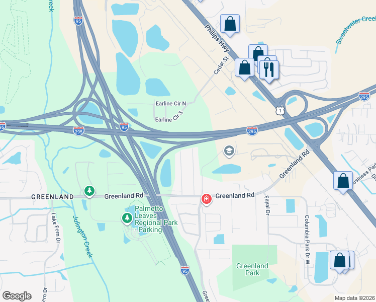 map of restaurants, bars, coffee shops, grocery stores, and more near 11510 Gerado Road in Jacksonville
