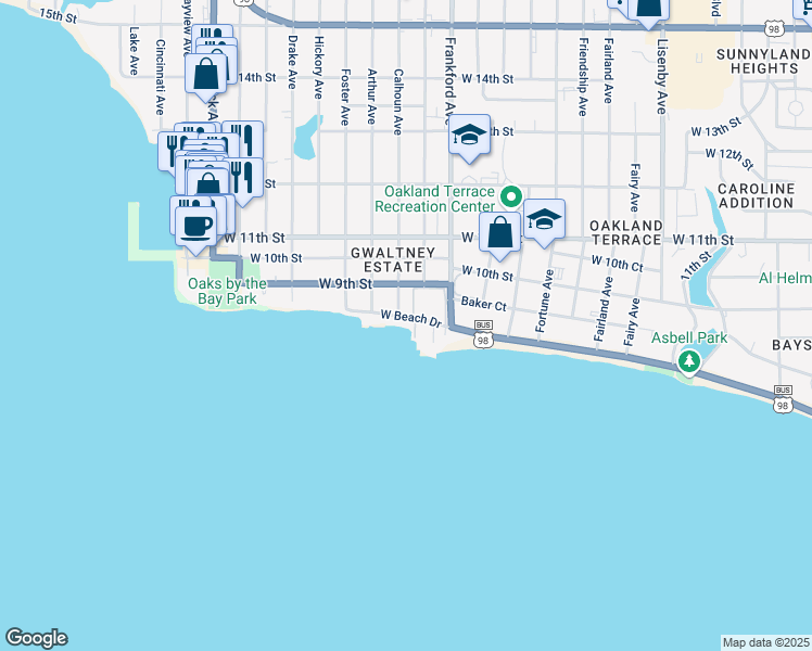 map of restaurants, bars, coffee shops, grocery stores, and more near 2205 West Beach Drive in Panama City