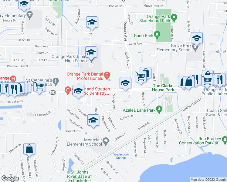 map of restaurants, bars, coffee shops, grocery stores, and more near 1454 Orange Avenue in Orange Park