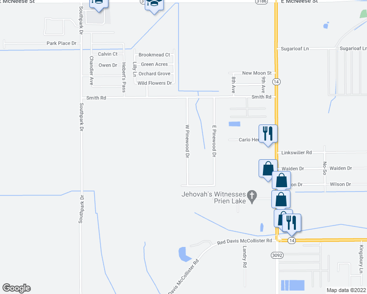 map of restaurants, bars, coffee shops, grocery stores, and more near 5674 West Pinewood Drive in Lake Charles