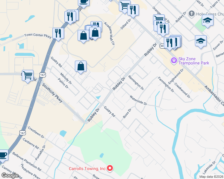 map of restaurants, bars, coffee shops, grocery stores, and more near 1150 Robley Drive in Lafayette