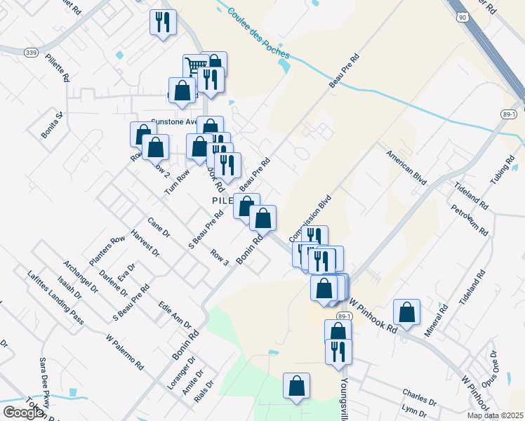 map of restaurants, bars, coffee shops, grocery stores, and more near 3329 West Pinhook Road in Lafayette