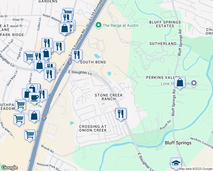 map of restaurants, bars, coffee shops, grocery stores, and more near 17 East Slaughter Lane in Austin