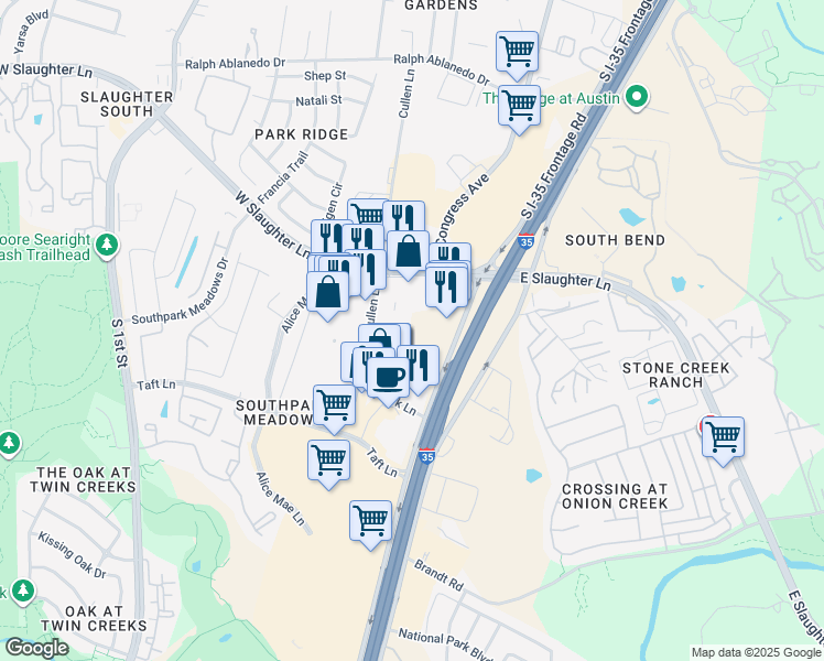 map of restaurants, bars, coffee shops, grocery stores, and more near 9200 North Interstate 35 Frontage Road in Austin