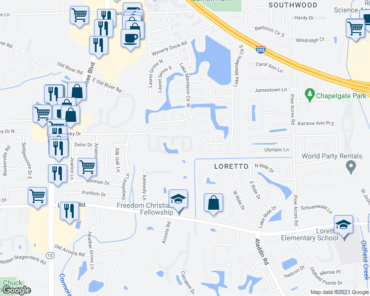 map of restaurants, bars, coffee shops, grocery stores, and more near 3359 Mandarin Glen Circle South in Jacksonville