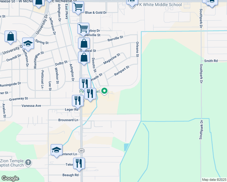 map of restaurants, bars, coffee shops, grocery stores, and more near 645 Petro Point Drive in Lake Charles