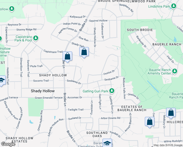 map of restaurants, bars, coffee shops, grocery stores, and more near 3208 Festus Drive in Austin