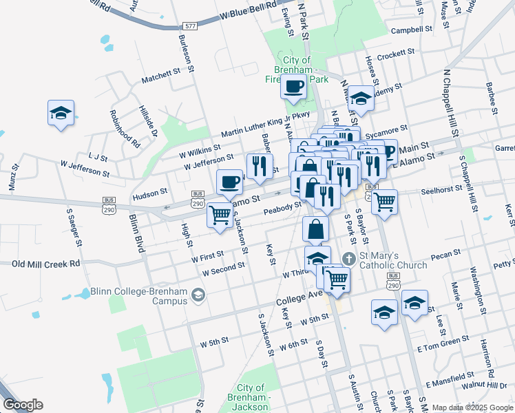 map of restaurants, bars, coffee shops, grocery stores, and more near 503 West Alamo Street in Brenham