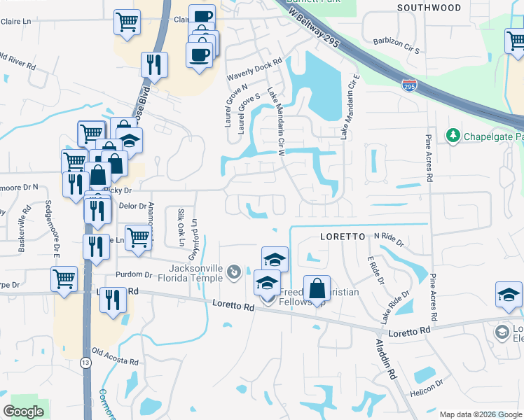 map of restaurants, bars, coffee shops, grocery stores, and more near 11472 Vidalia Court in Jacksonville