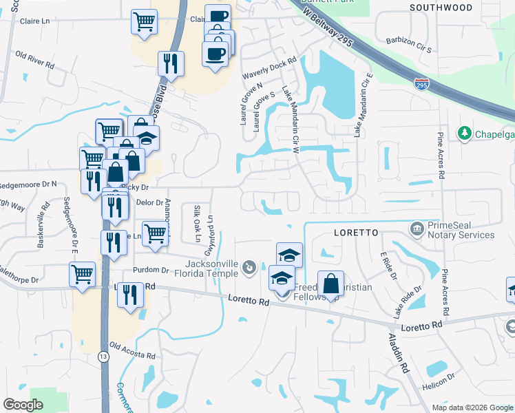 map of restaurants, bars, coffee shops, grocery stores, and more near 11472 Vidalia Court in Jacksonville