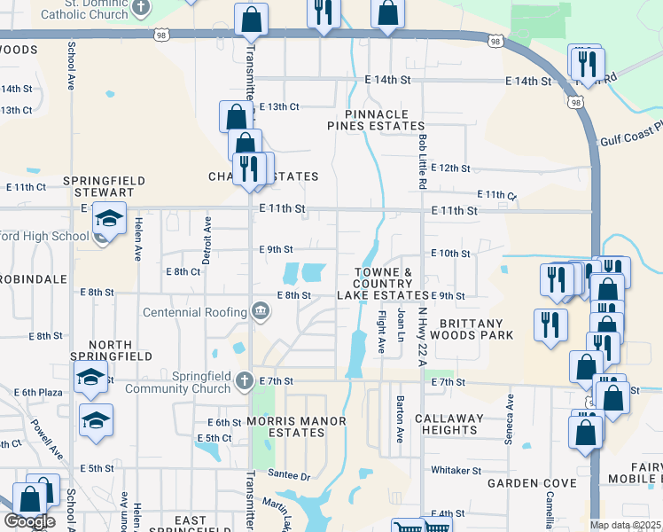 map of restaurants, bars, coffee shops, grocery stores, and more near 802 Russ Lake Drive in Panama City