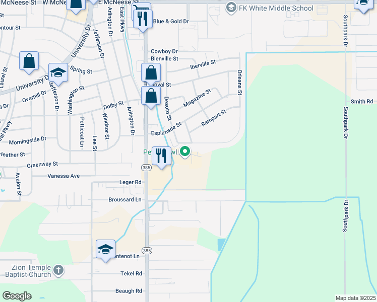 map of restaurants, bars, coffee shops, grocery stores, and more near 645 Petro Point Dr in Lake Charles